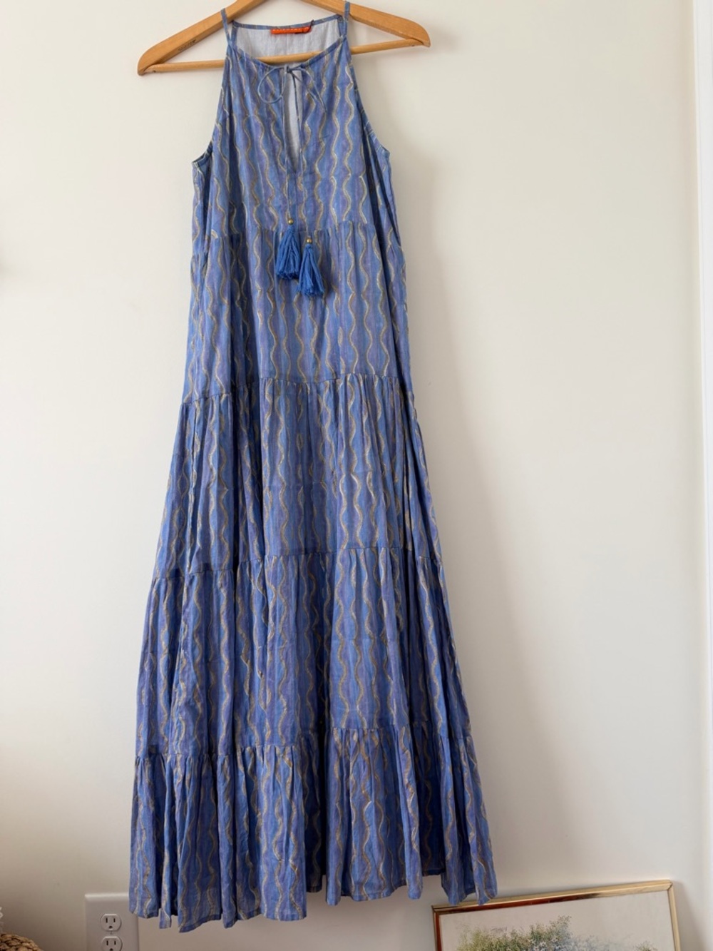 Oliphant Blue Tiered Halter Maxi Dress with Tassel Tie